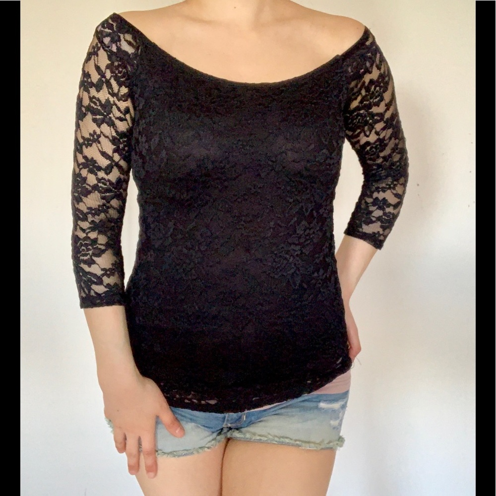 🍍 Forever 21 Black Lace 3/4 Sleeve Top size S NWT